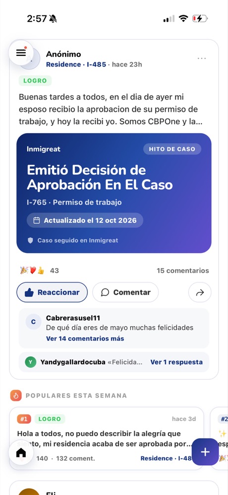 Comunidad Inmigreat: un logro compartido, permiso de trabajo aprobado, 43 reacciones y 15 comentarios
