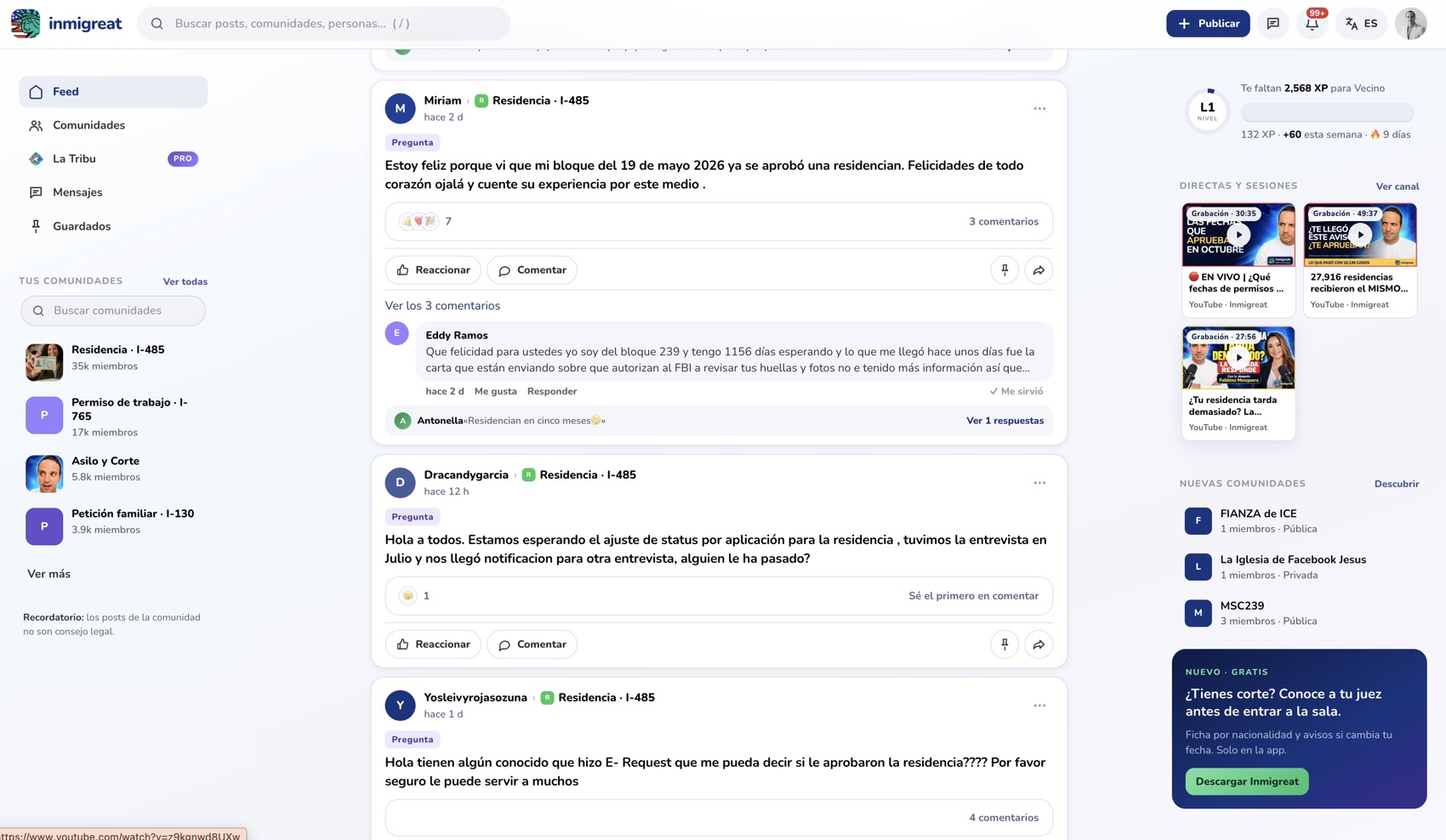 La comunidad de Inmigreat en la web: feed con posts de Residencia I-485, grupos por tipo de caso, directas y sesiones