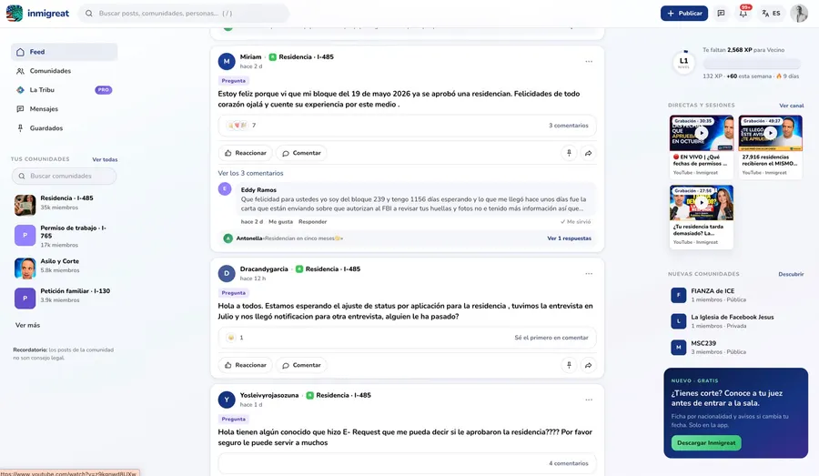 La comunidad de Inmigreat en la web: feed con posts de Residencia I-485, grupos por tipo de caso, directas y sesiones
